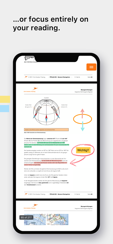 Smartphone screen showing an aviation navigation manual with highlights and annotations in the CAT eLearning app.