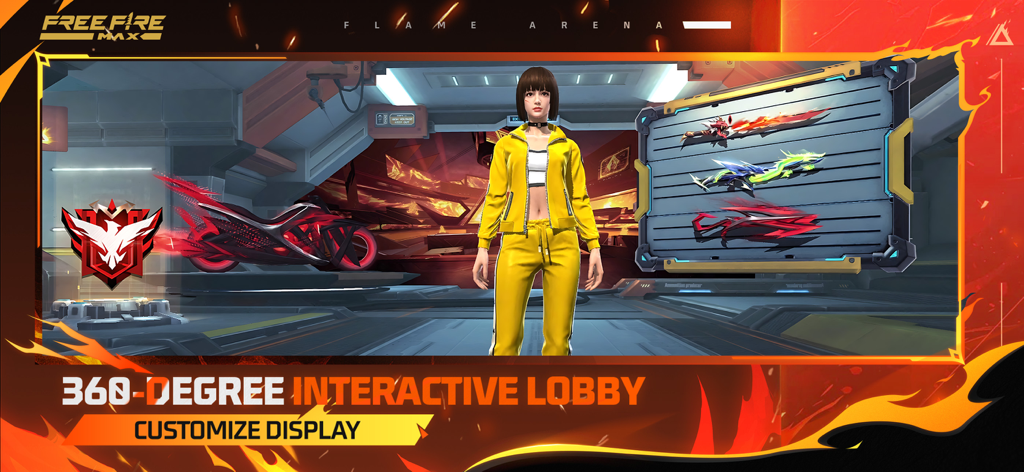 Une personnage féminine en survêtement jaune se tient dans le lobby interactif à 360 degrés de Free Fire MAX, présentant des affichages personnalisables d'armes et de véhicules.