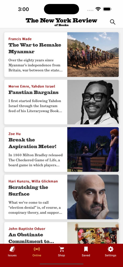 The New York Review of Books mobile app home screen showing a list of current articles and navigation icons