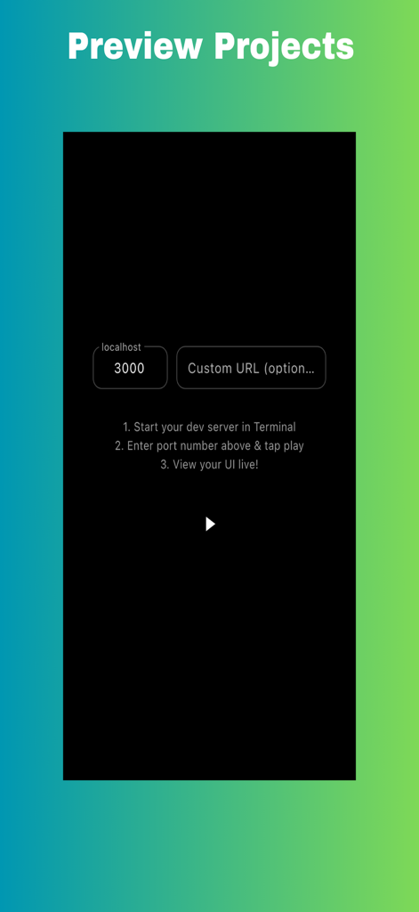 Setup screen for live web preview in v Mobile Terminal app showing localhost port configuration and instructions to view UI live