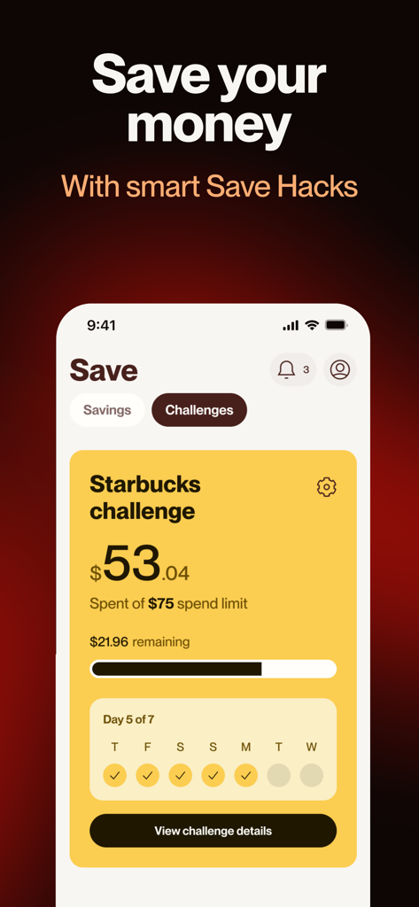 Interface do aplicativo Cleo AI exibindo um desafio de gastos na Starbucks com um rastreador de progresso e status semanal.