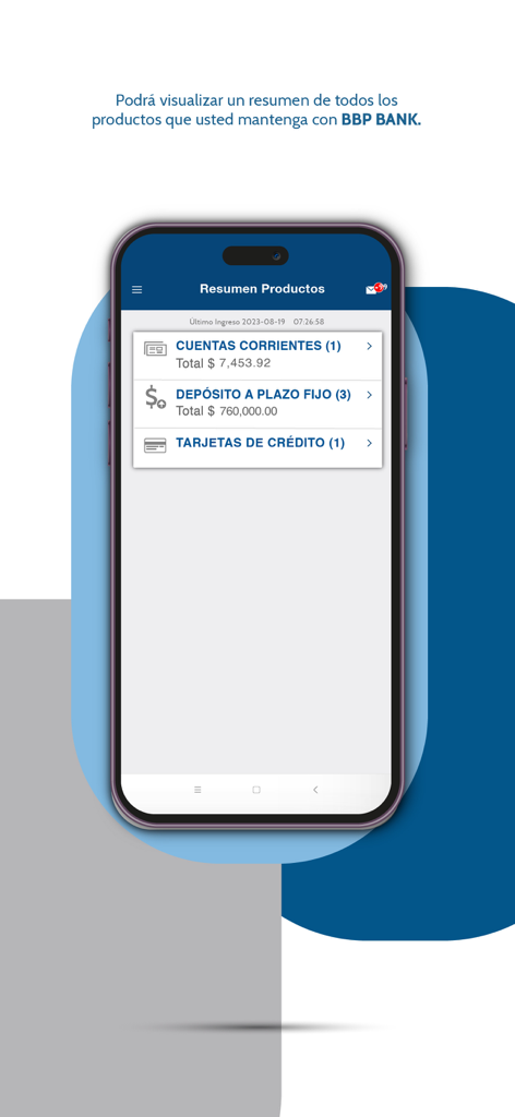 BBP Bank - Panel de la aplicación móvil BBP Bank que muestra el resumen de cuenta para cuentas corrientes y depósitos a plazo fijo.