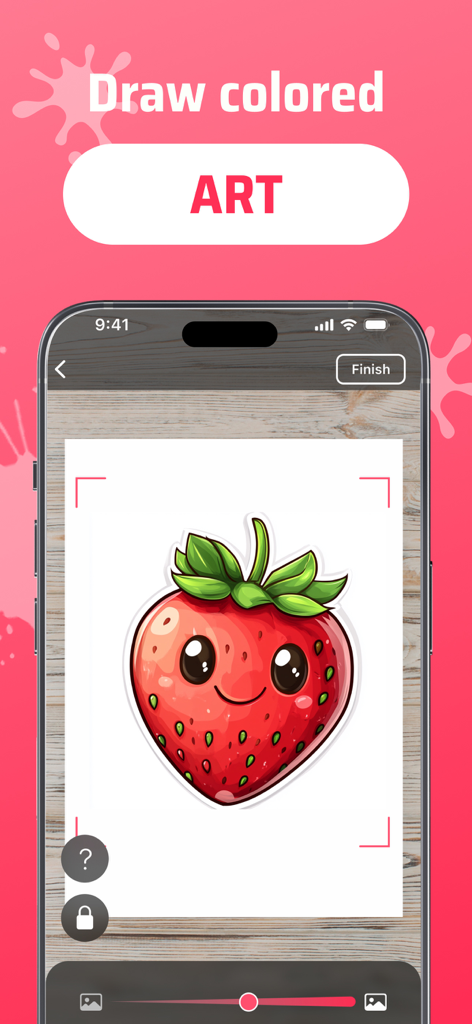 AR Drawing Sketch App: ArtEasy - Smartphone displaying the ArtEasy app with a colored strawberry AR template projected onto paper for drawing