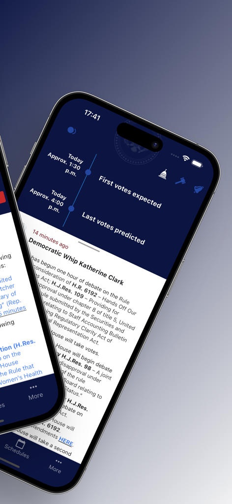 Dome Watch - Interface d'application mobile montrant le calendrier de l'hémicycle de la Chambre des représentants américaine et les mises à jour législatives de la majorité démocrate.