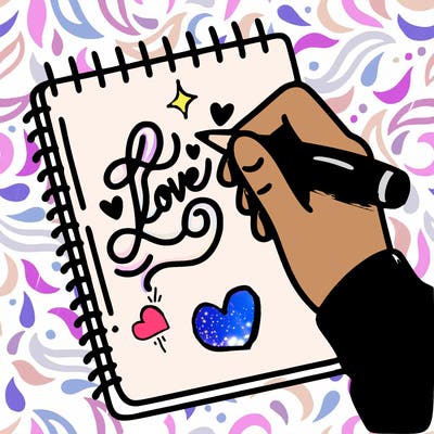 a hand writing “love” in calligraphy on a notebook