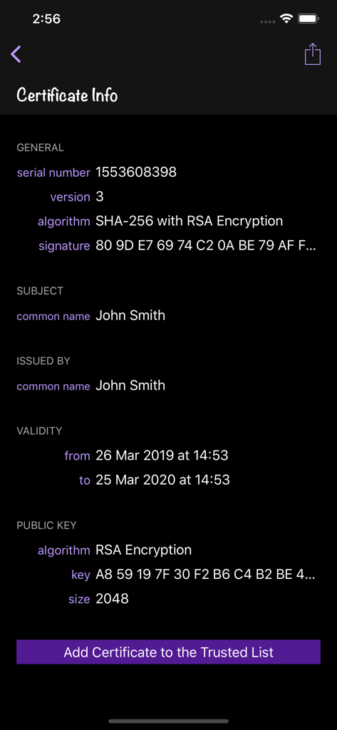 A screenshot of the P7M Viewer app showing digital certificate details such as signer name and signature algorithm.