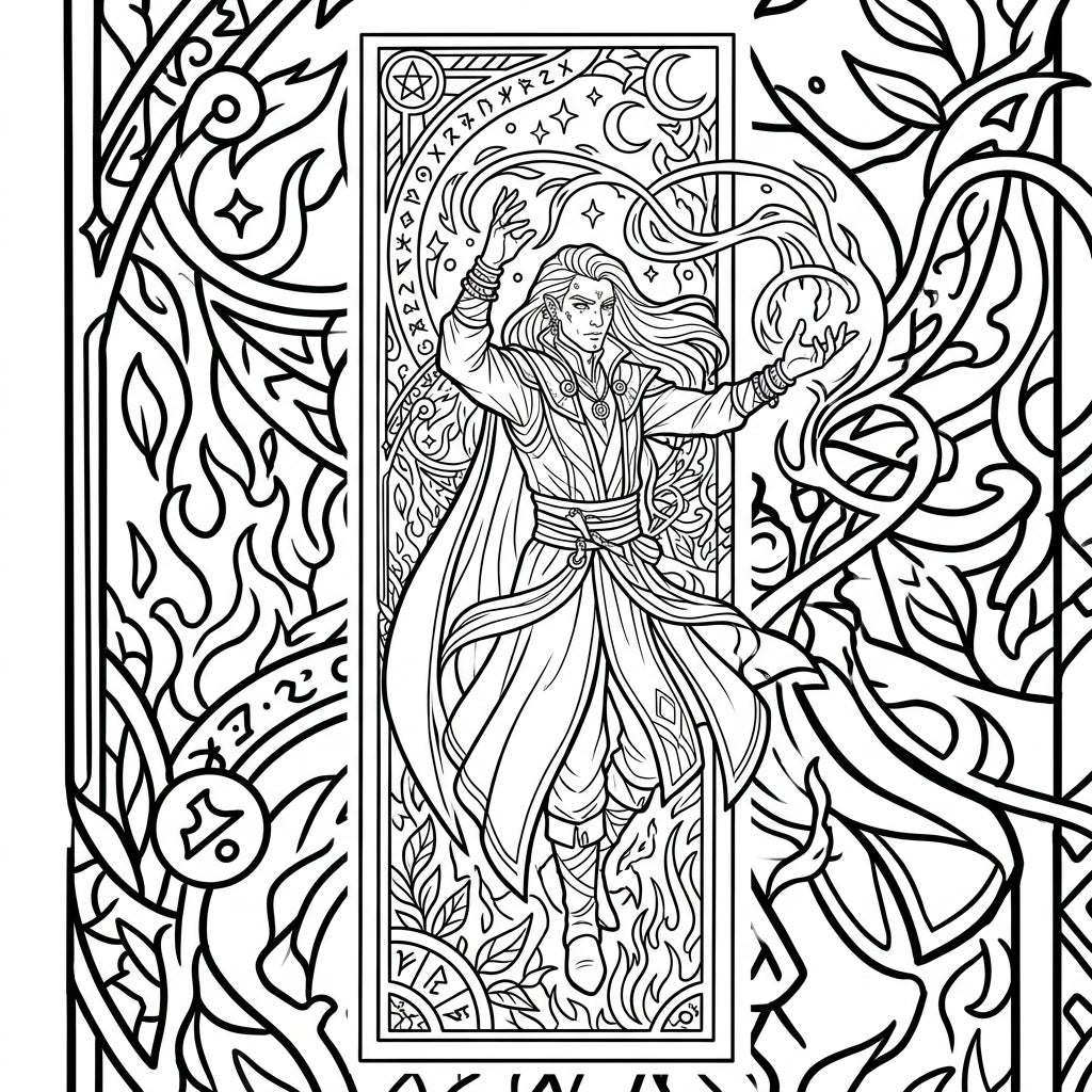 Sorcerer Bookmark Coloring Page - Fantasy Magic Art