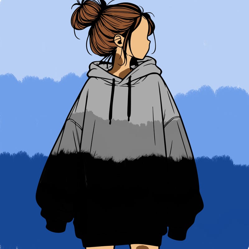 realistic girl with a oversized sweatshirt on and a bun