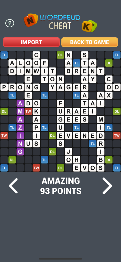 Solve WordFeud Cheat app interface displaying a completed game board with the high scoring word AMAZING worth 93 points