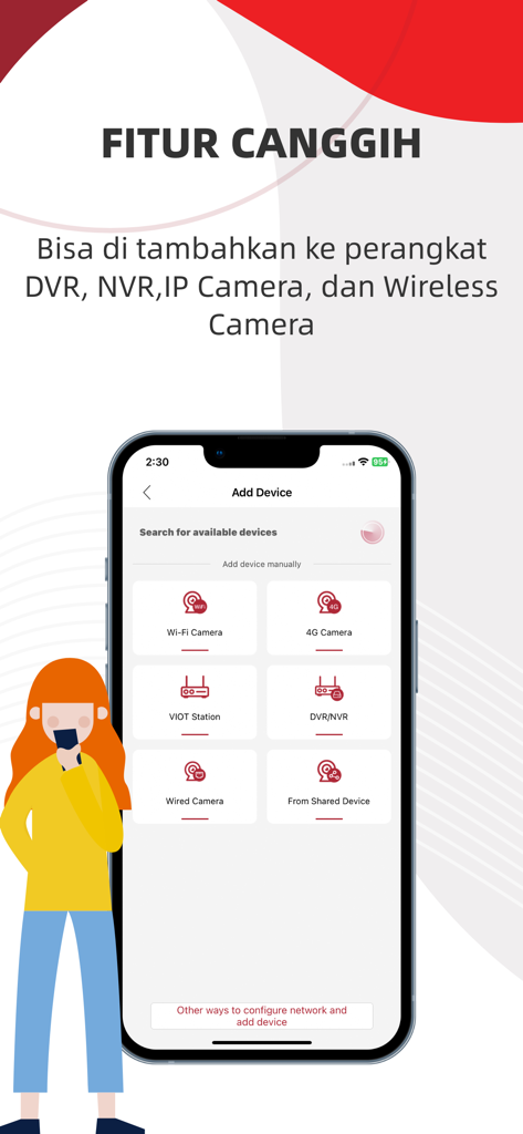 Pantalla de la aplicación móvil PROVIEW CCTV que muestra opciones para agregar cámaras de seguridad WiFi y con cable.