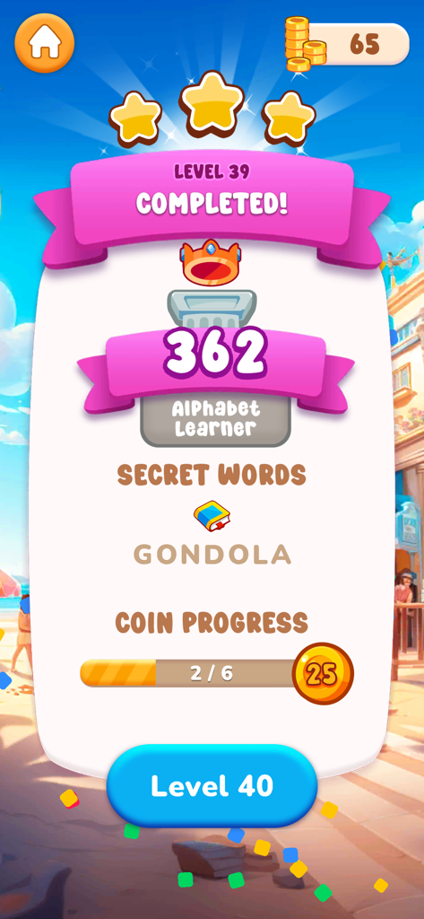 Level completion screen of Word Search English game with three stars and score progress