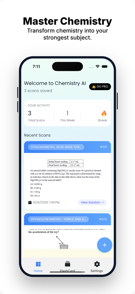Chemistry Solver : Study AI - 화학 솔버 앱의 홈 화면으로 최근 문제 스캔 및 학습 활동 통계 표시