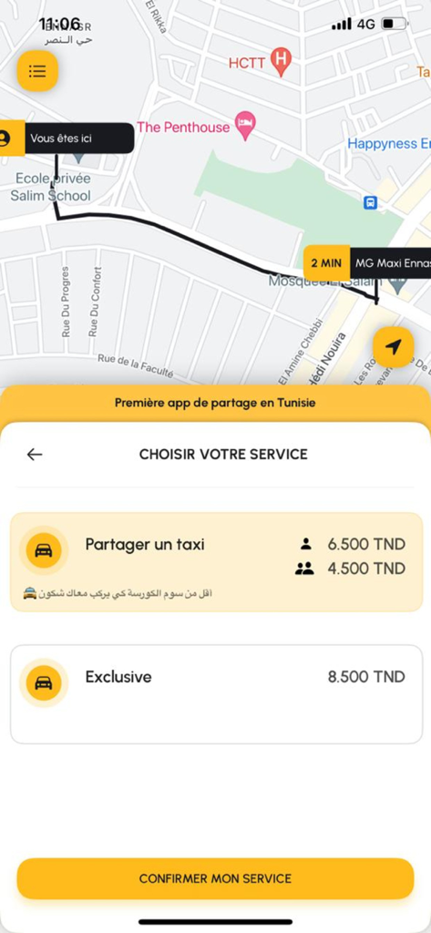 E-Wassalni - E-Wassalniモバイルアプリのインターフェース、地図上に価格が表示されたタクシー共有および専用サービスオプションを表示