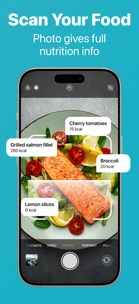 Smartphone screen using the AlimoPlate AI scanner to identify calories in a meal with salmon and vegetables