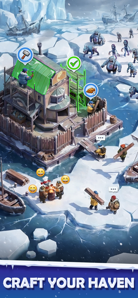 Ice Haven - Jogabilidade de Ice Haven mostrando sobreviventes construindo uma base no gelo enquanto zumbis se aproximam.