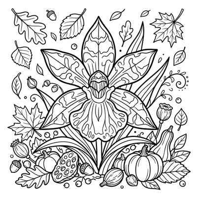 Dive into the rich beauty of fall with this exquisite coloring page featuring a stunning Zygopetalum orchid. Surrounding it are classic autumn elements like pumpkins, leaves, and berries, promising a delightful and intricate coloring experience.