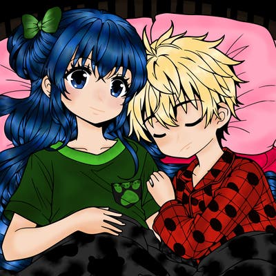 anime girl and boy in pjs laying in bed