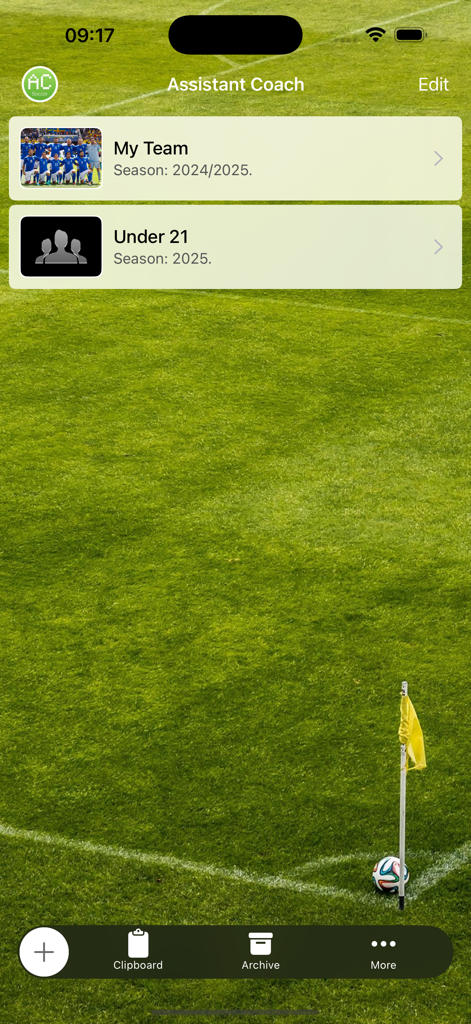 Assistant Coach Soccer app interface displaying a list of managed soccer teams on a field background