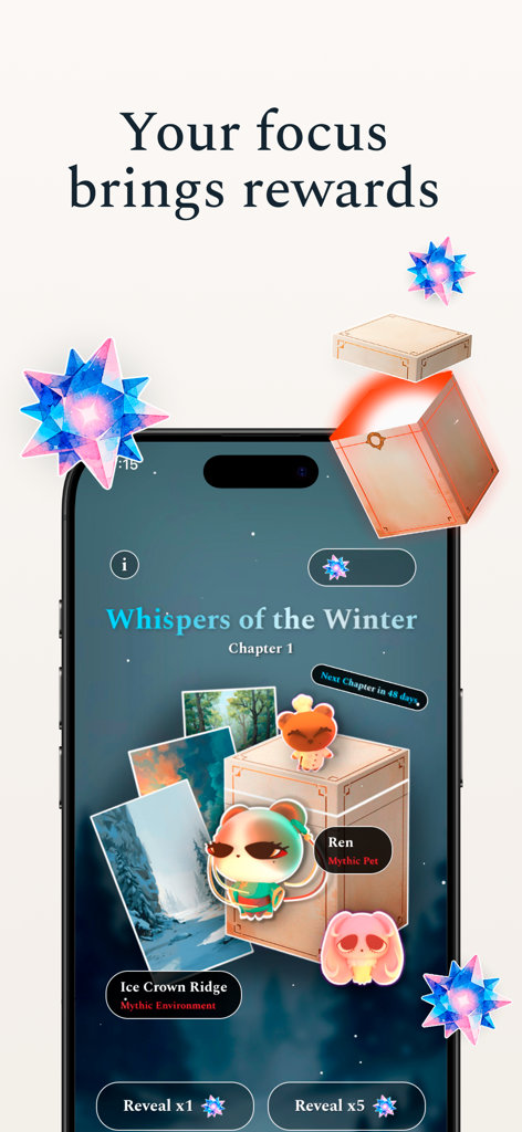 Petimer: Pomodoro & Study Pets - A screenshot of Petimer app displaying the Whispers of the Winter rewards screen with mythic pets and environment collectibles