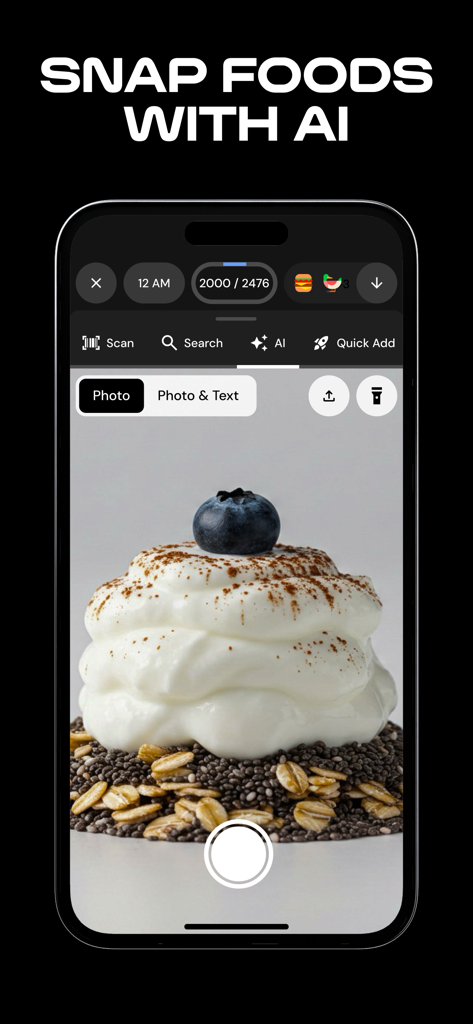 MacroFactor - Macro Tracker - Interfaz de la aplicación móvil MacroFactor que muestra la función de escaneo de alimentos por IA con una foto de un postre saludable.
