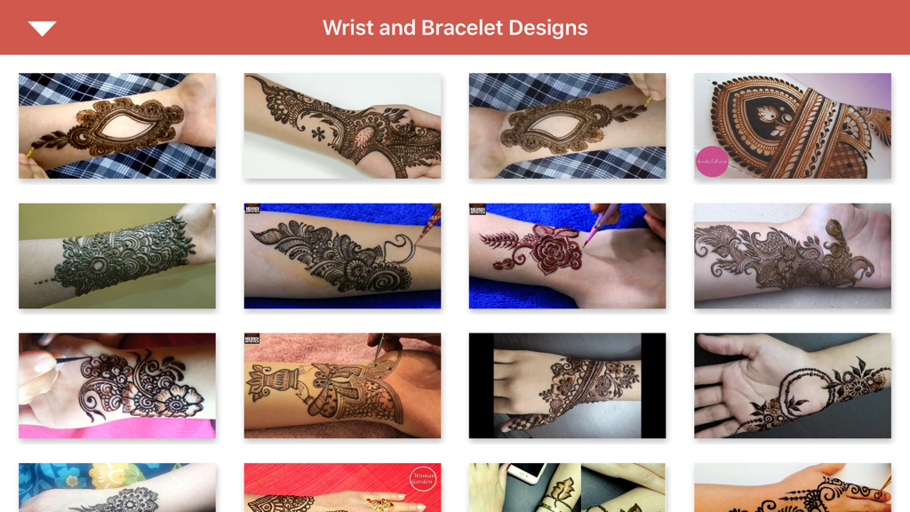Una galleria di vari intricati motivi mehndi per polsi e bracciali.