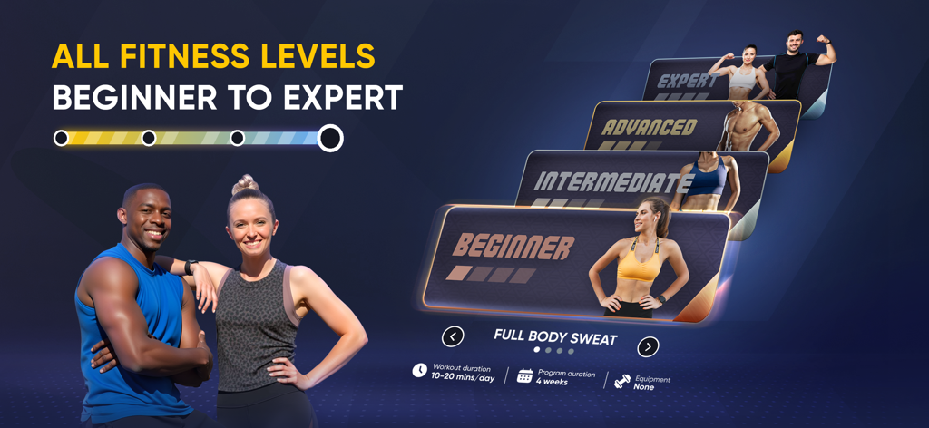 FitCraft －AI Fitness Coach - FitCraft app interface showing fitness levels from beginner to expert with full body workout info.