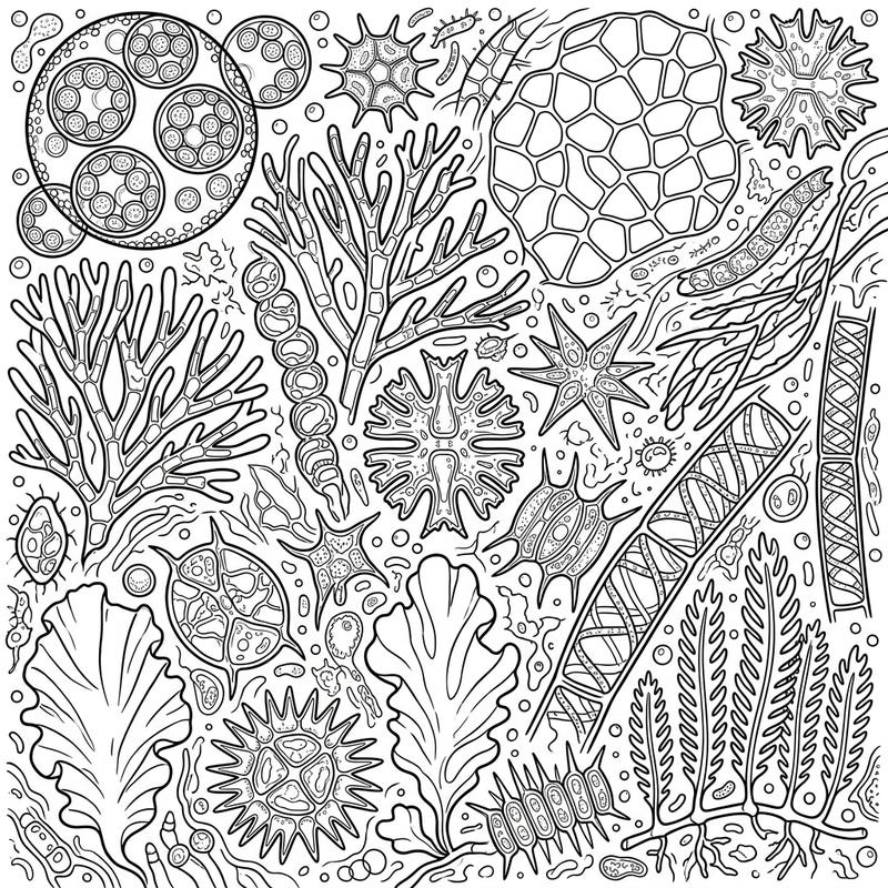 Unleash your creativity with this fascinating coloring page featuring the diverse world of Green Algae (Chlorophyta). Discover intricate patterns and varied forms of these essential aquatic organisms, perfect for a relaxing and educational coloring experience.