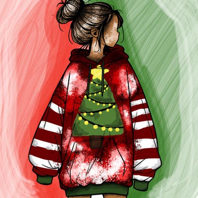 realistic girl with a oversized sweatshirt on and a bun