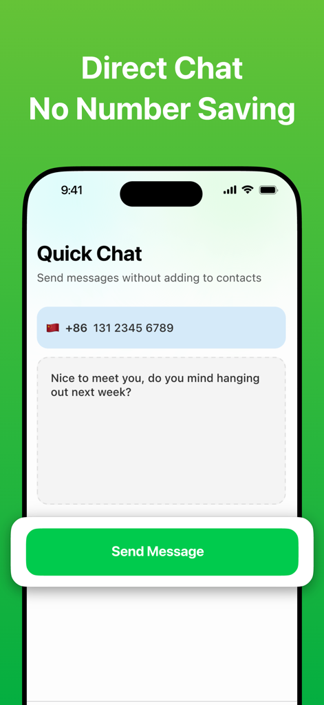 Interfaz que muestra la función de Envío Rápido de Mensajes para enviar mensajes de texto sin guardar contactos.