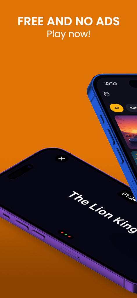 Charades - Who Am I?!? - Two iPhones showing the Charades Who Am I app interface with a movie category card and ad free message