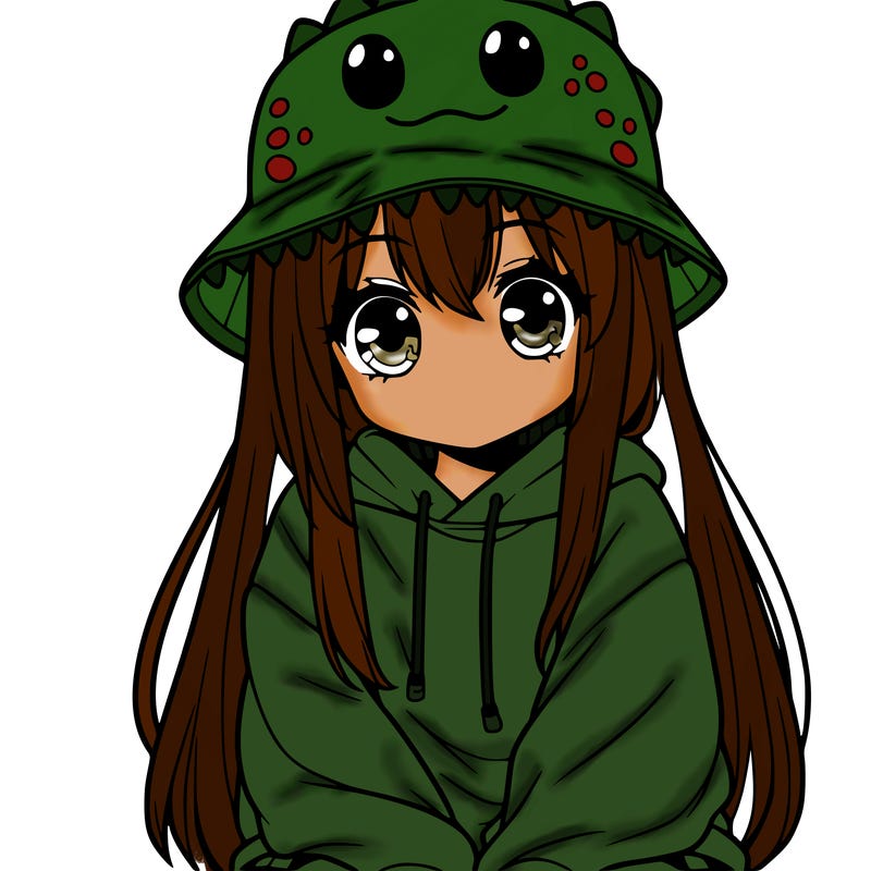 girl with anime shaped eyes with a dinosaur bucket hat oversized sweatshirt long straight hair