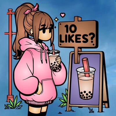 girl with oversized hoodie drinking boba and she has a high ponytail with a sign that says 10likes?