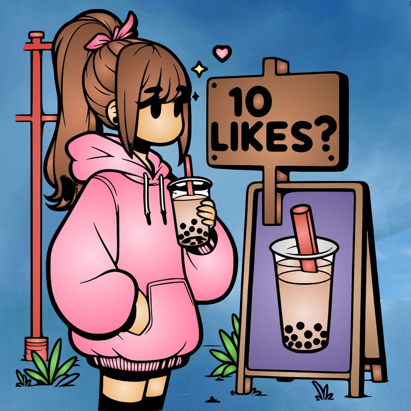 girl with oversized hoodie drinking boba and she has a high ponytail with a sign that says 10likes?