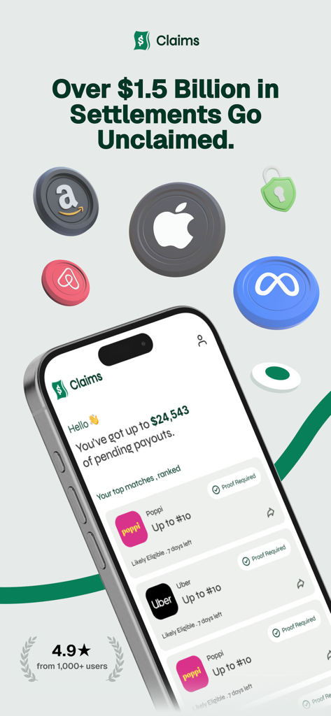 Claims: Claim your money - 保留中の集団訴訟の和解金と会社ロゴが表示されたClaimsアプリのインターフェースを示すスマートフォン
