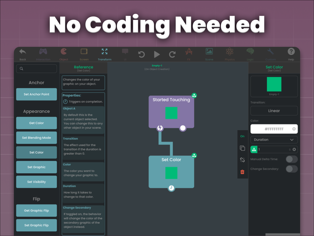 HyperPad interface showing visual logic blocks for game development without coding