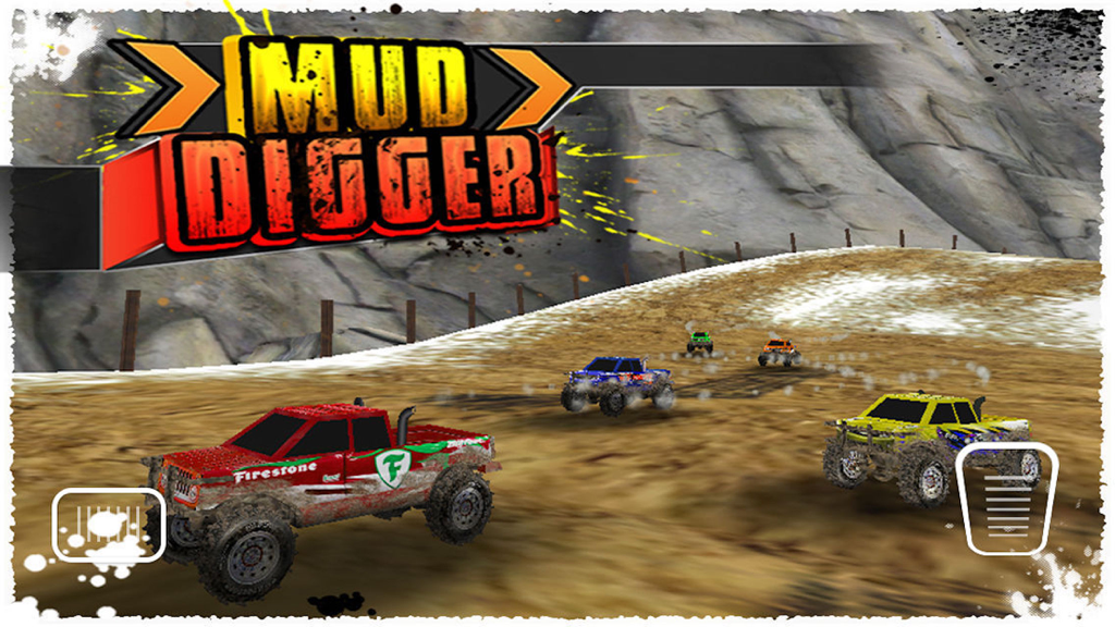 Monster trucks racing on a muddy mountain track in Mud Digger Simulator Racing