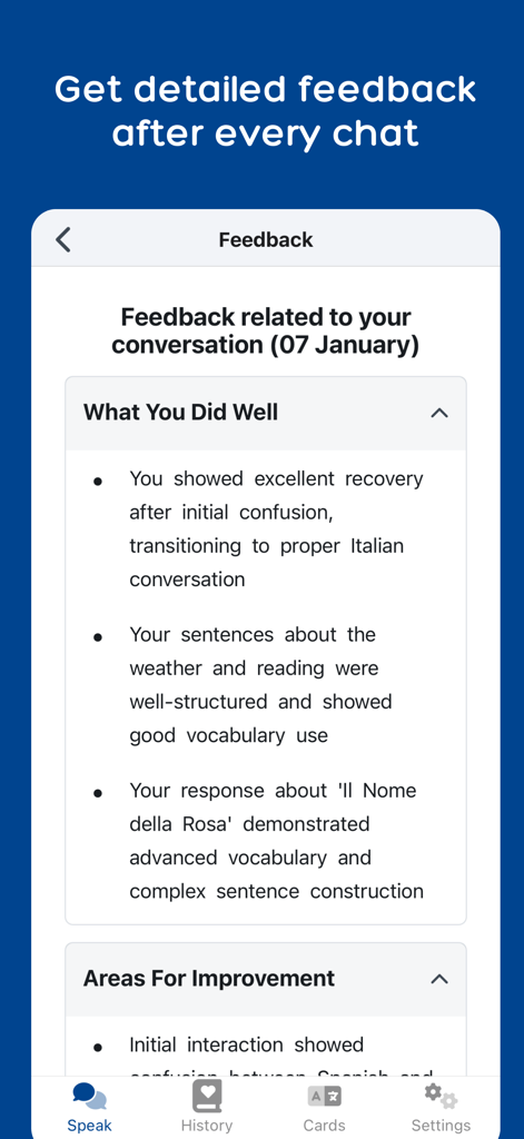 Une capture d'écran de l'application Langua montrant un rapport de feedback IA détaillé pour une conversation, soulignant les points forts tels que le vocabulaire avancé et les phrases bien structurées.