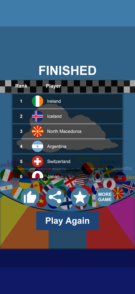 Marble Race Country - Leaderboard showing country rankings after a marble race with Ireland in first place