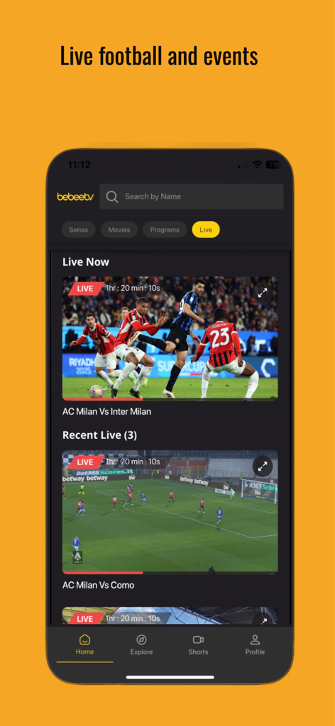 Bebee TV mobile app interface showing live football matches and streaming events