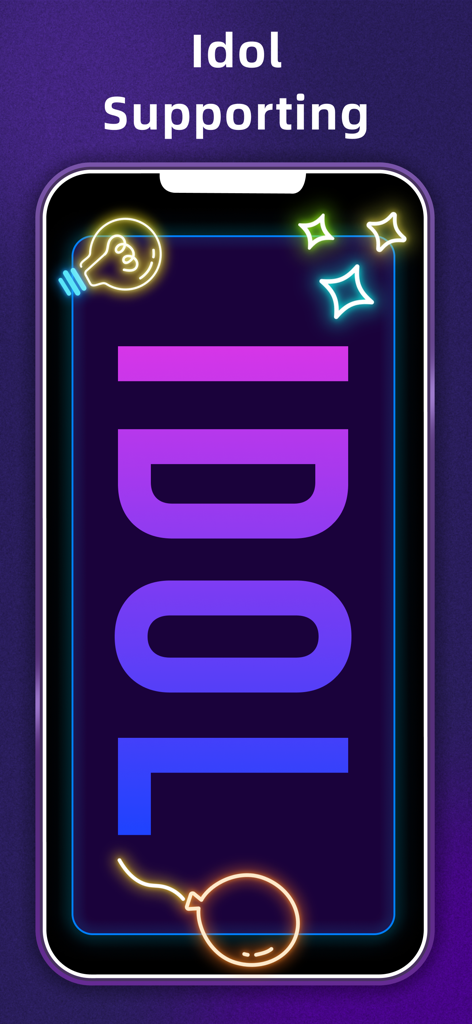 LED Banner - Big Text Scroller - Un smartphone mostrando un gran cartel LED vertical que dice IDOL con decoraciones de neón para fans de conciertos