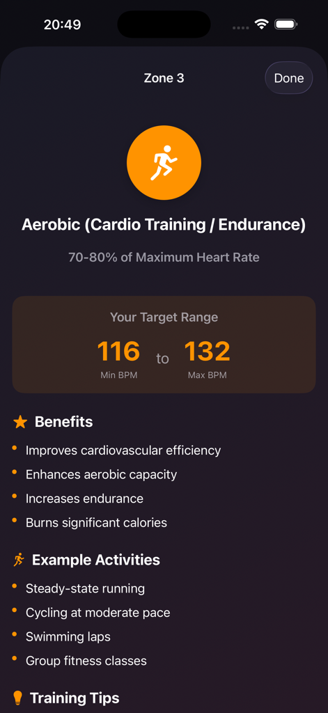 HRZones app showing the target BPM range and benefits for Aerobic Zone 3 cardio training
