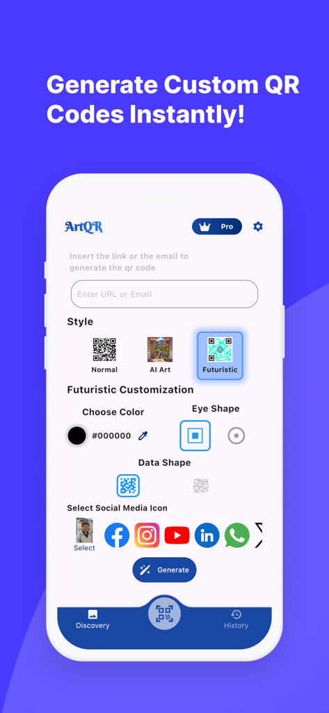 ARTQR:AI Art QR Code Generator - Mobile interface of ArtQR app displaying customization options for futuristic AI generated QR codes including style color and social media icons