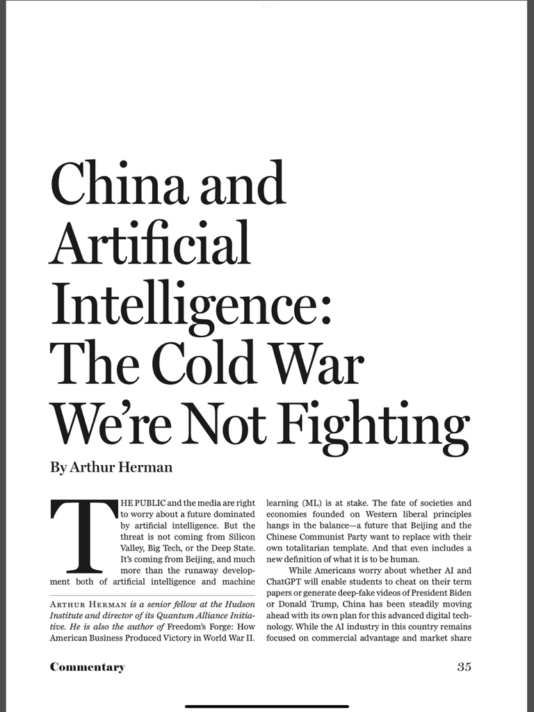 Una página de artículo de revista de Commentary Magazine titulada China e Inteligencia Artificial