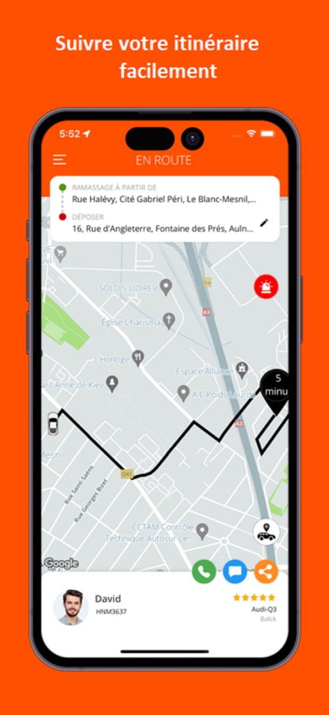 SB Drive app interface showing real-time GPS vehicle tracking and driver profile details