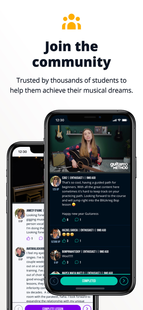 Musora app community screen showing a music lesson and student comments