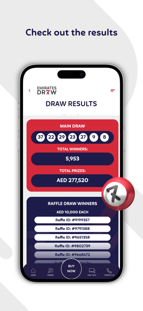 Emirates Draw - Emirates Draw app interface displaying the main draw winning numbers and raffle winners.