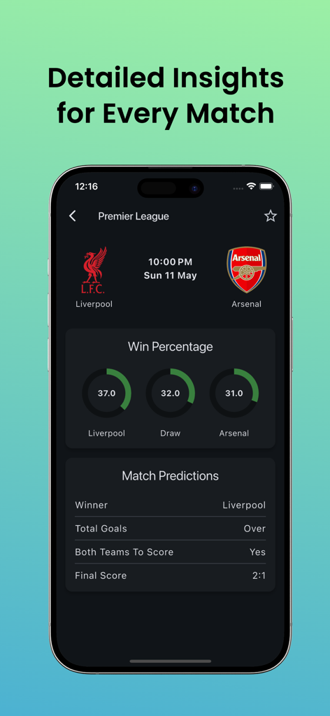 Betting Tips & Odds - FotTips - FotTips mobile app screenshot showing match predictions for Liverpool vs Arsenal with win percentages and score forecasts