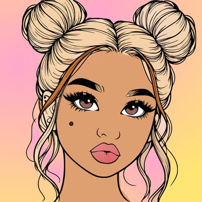 realistic girl with two buns on her hair and lips