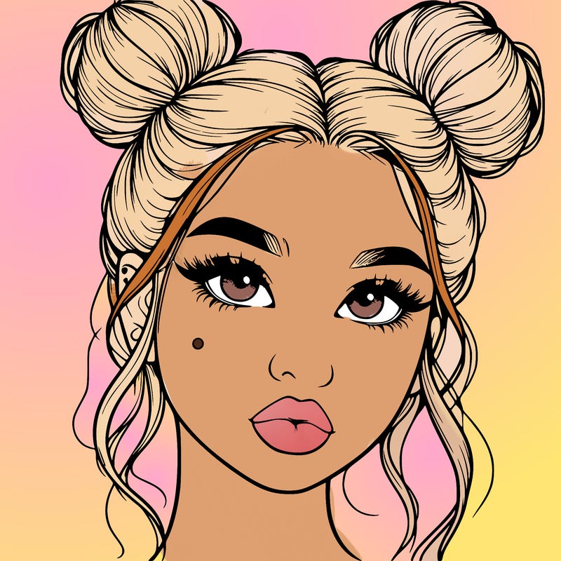 realistic girl with two buns on her hair and lips