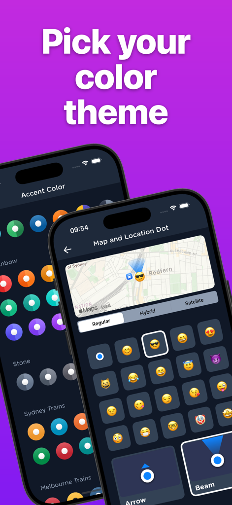 Momego app interface showing customization options for accent colors and map location emojis